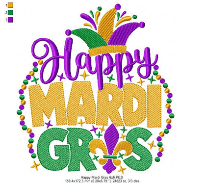 Happy Mardi Gras - Rippled Stitch - Machine Embroidery Design
