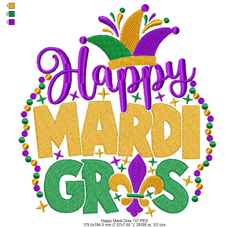 Happy Mardi Gras - Rippled Stitch - Machine Embroidery Design