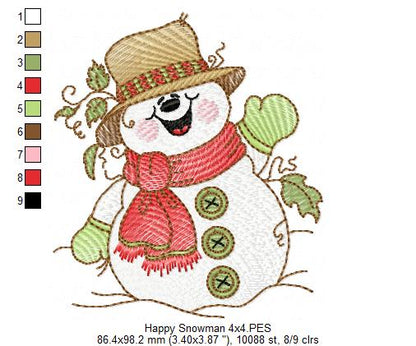 Cute and Happy Christmas Snowman - Rippled Stitch Machine Embroidery Design