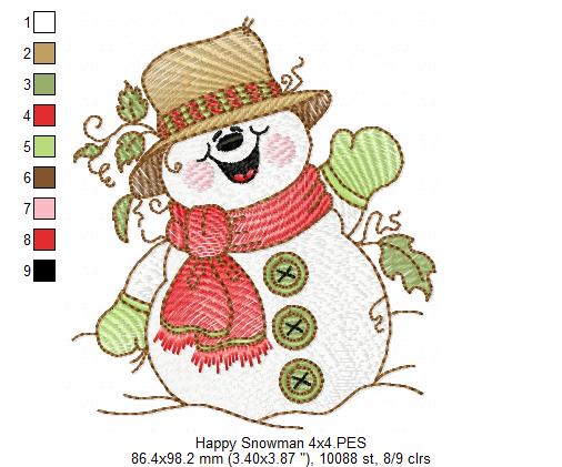 Cute and Happy Christmas Snowman - Rippled Stitch Machine Embroidery Design