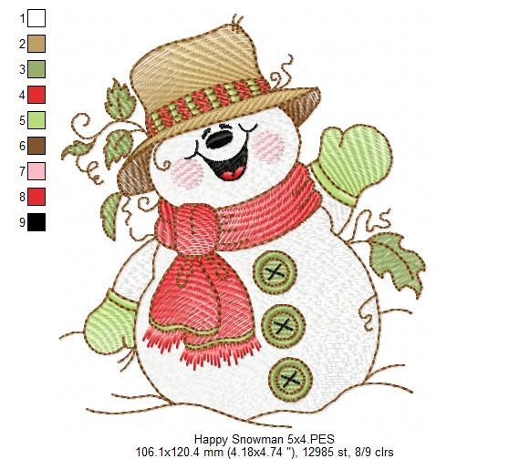 Cute and Happy Christmas Snowman - Rippled Stitch Machine Embroidery Design