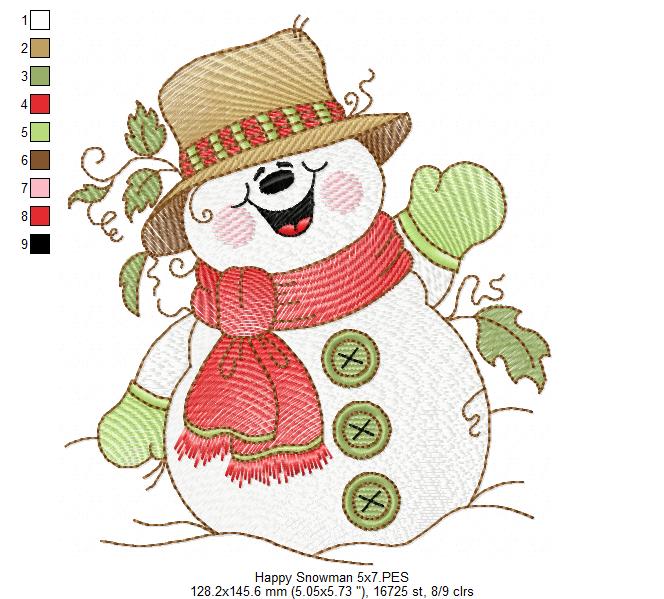 Cute and Happy Christmas Snowman - Rippled Stitch Machine Embroidery Design