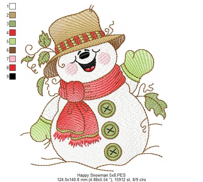 Cute and Happy Christmas Snowman - Rippled Stitch Machine Embroidery Design