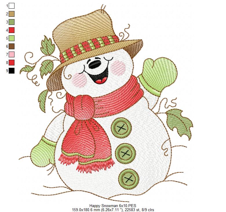 Cute and Happy Christmas Snowman - Rippled Stitch Machine Embroidery Design