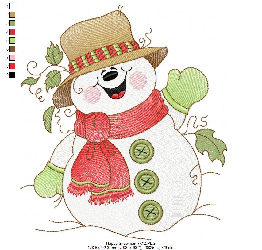 Cute and Happy Christmas Snowman - Rippled Stitch Machine Embroidery Design