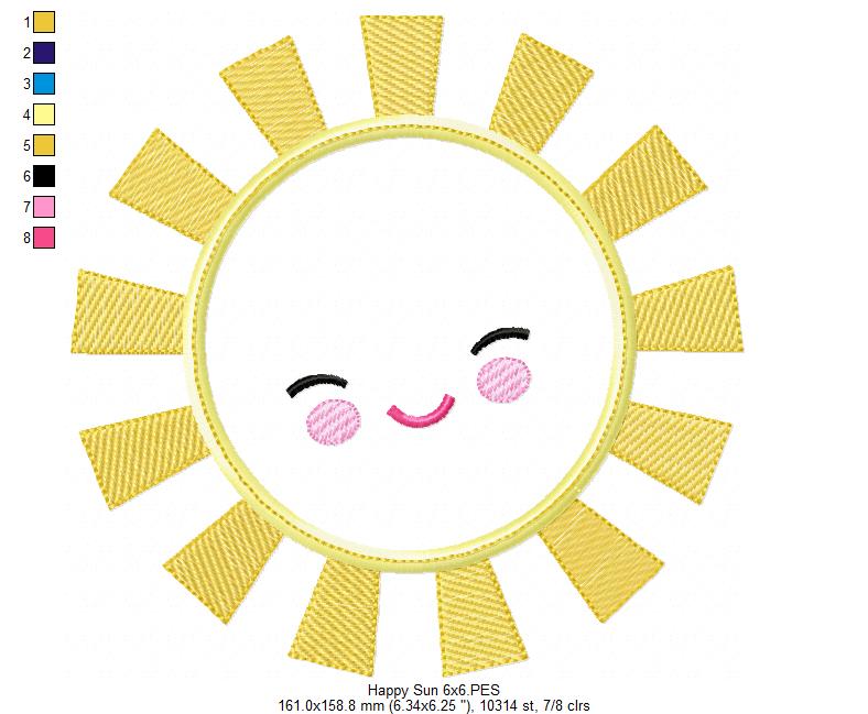 Happy Sun, Sunshine, Summer - Applique - Machine Embroidery Design