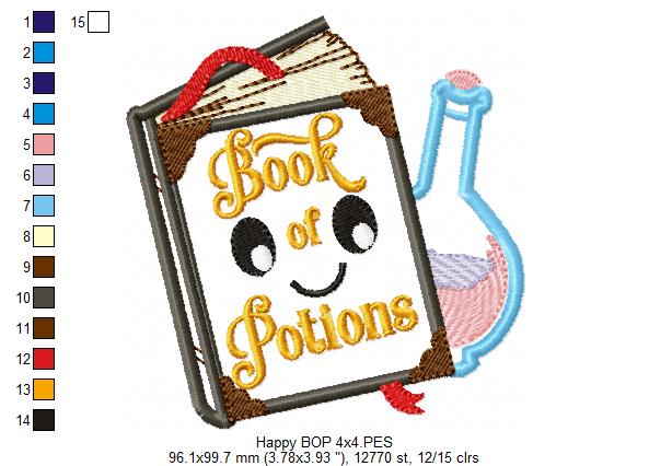 Happy Magic Book with Potion Bottle - Applique - Machine Embroidery Design