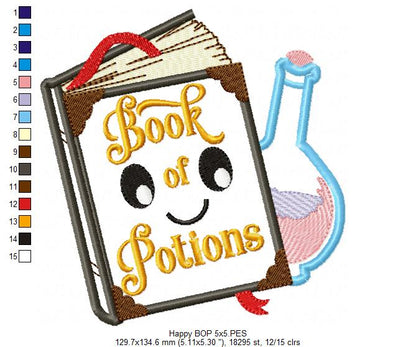 Happy Magic Book with Potion Bottle - Applique - Machine Embroidery Design