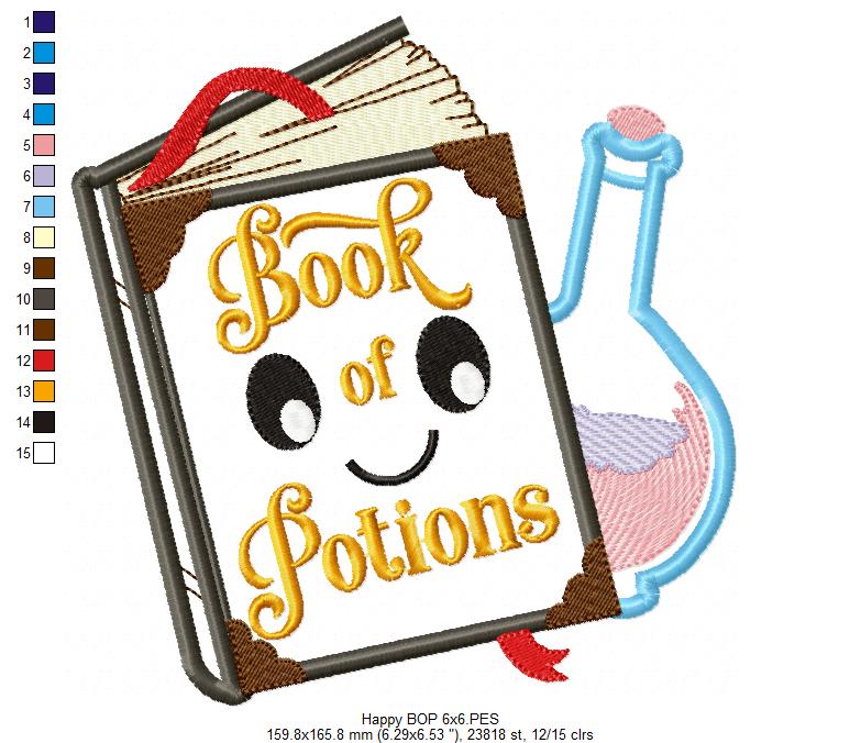 Happy Magic Book with Potion Bottle - Applique - Machine Embroidery Design