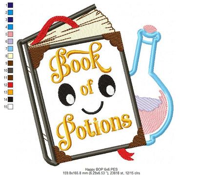 Happy Magic Book with Potion Bottle - Applique - Machine Embroidery Design
