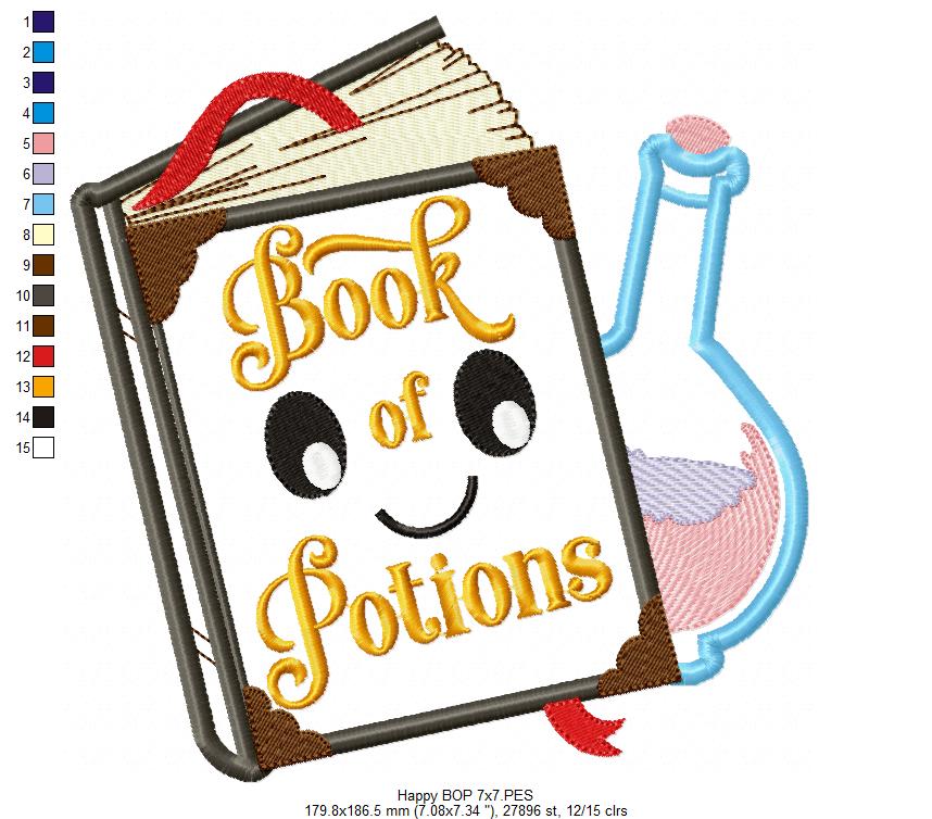 Happy Magic Book with Potion Bottle - Applique - Machine Embroidery Design