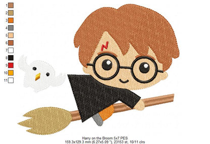 Wizard Boy on the Broom - Fill Stitch Machine Embroidery Design