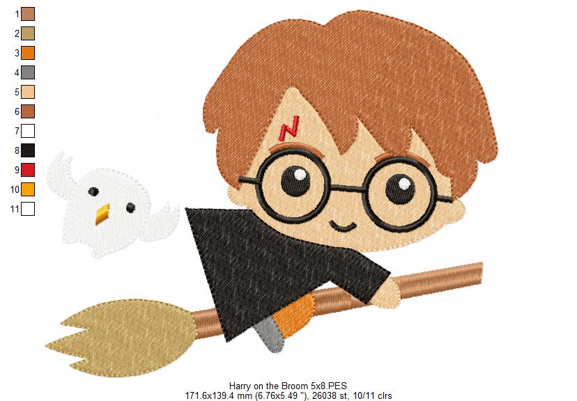 Wizard Boy on the Broom - Fill Stitch Machine Embroidery Design