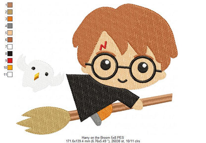 Three Wizard Kids on the Broom - Set of 3 designs - Fill Stitch Machine Embroidery Design