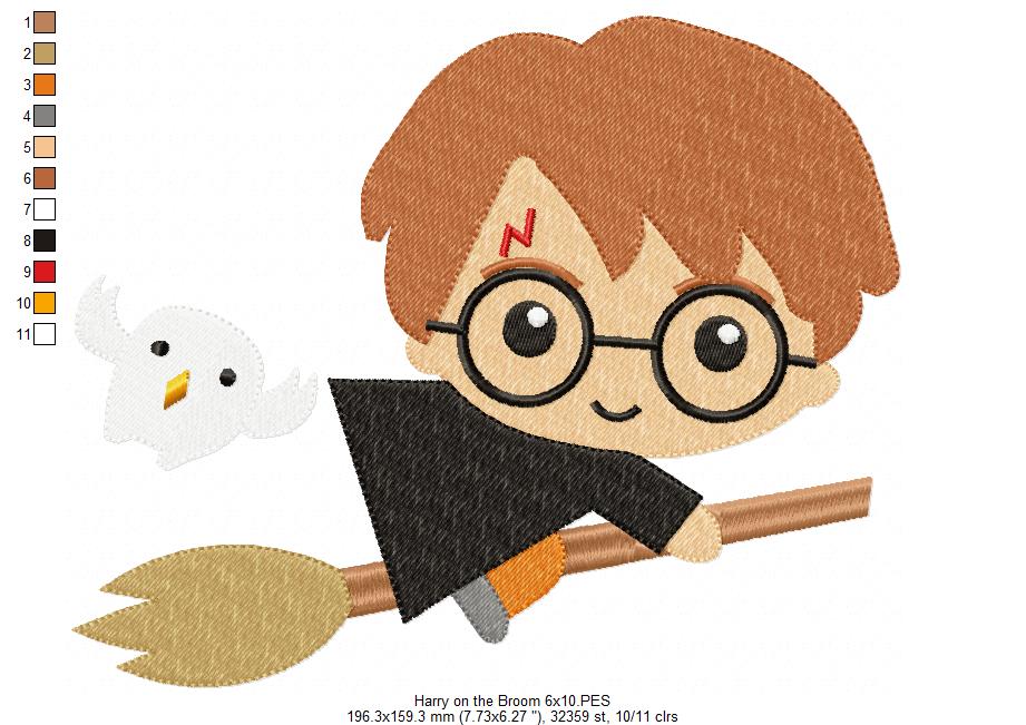 Wizard Boy on the Broom - Fill Stitch Machine Embroidery Design