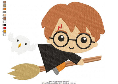 Wizard Boy on the Broom - Fill Stitch Machine Embroidery Design