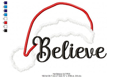 Santa's Hat Believe - Applique - Machine Embroidery Design