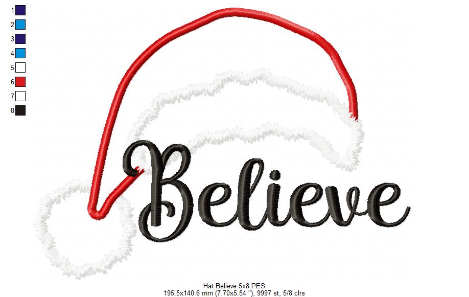 Santa's Hat Believe - Applique - Machine Embroidery Design