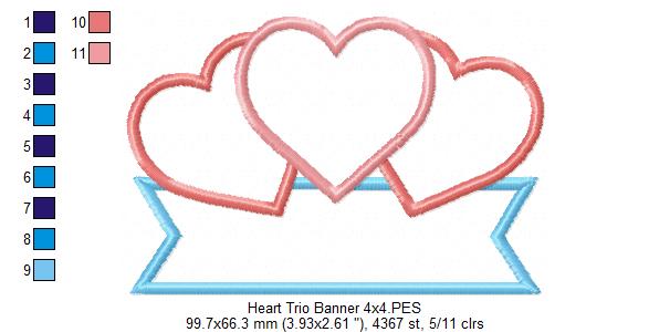 Three Hearts Trio and Banner - Applique - Machine Embroidery Design