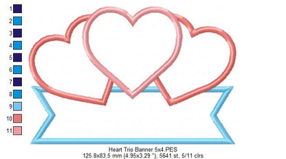 Three Hearts Trio and Banner - Applique - Machine Embroidery Design