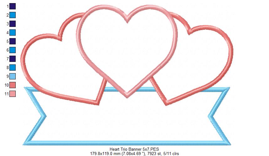 Three Hearts Trio and Banner - Applique - Machine Embroidery Design