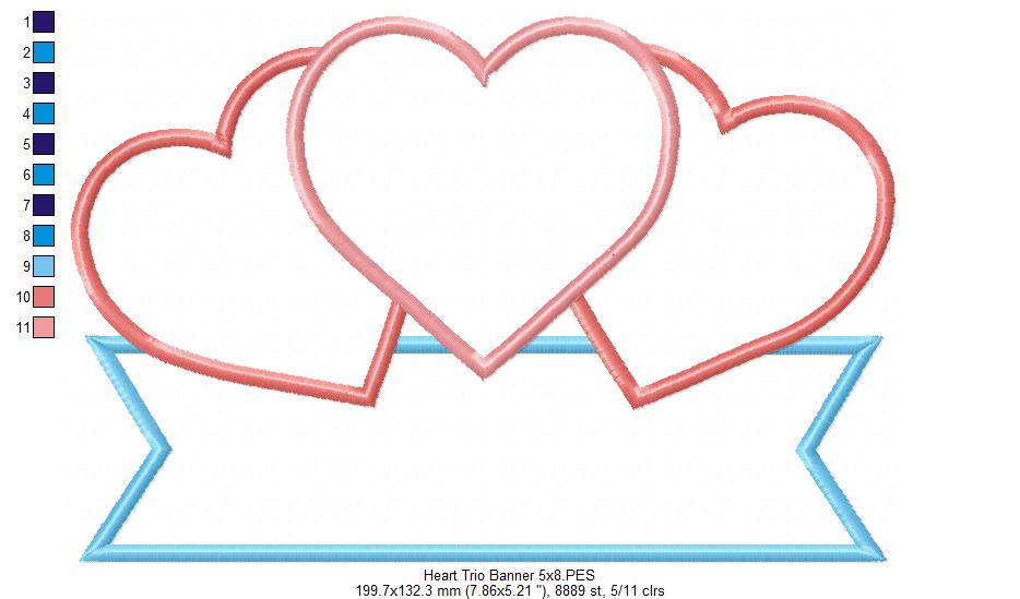 Three Hearts Trio and Banner - Applique - Machine Embroidery Design