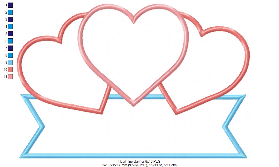 Three Hearts Trio and Banner - Applique - Machine Embroidery Design