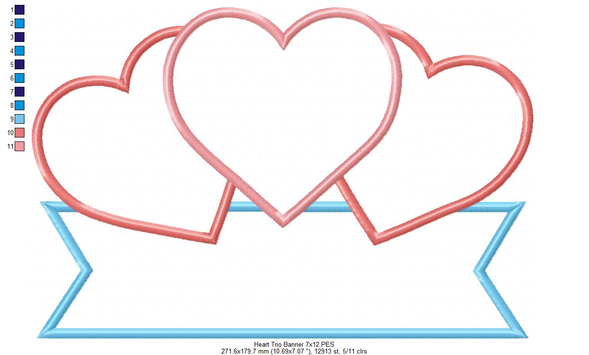 Three Hearts Trio and Banner - Applique - Machine Embroidery Design