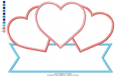 Three Hearts Trio and Banner - Applique - Machine Embroidery Design