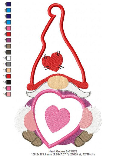 💝 Valentine Gnome with Heart 💌 – Applique - Machine Embroidery Design