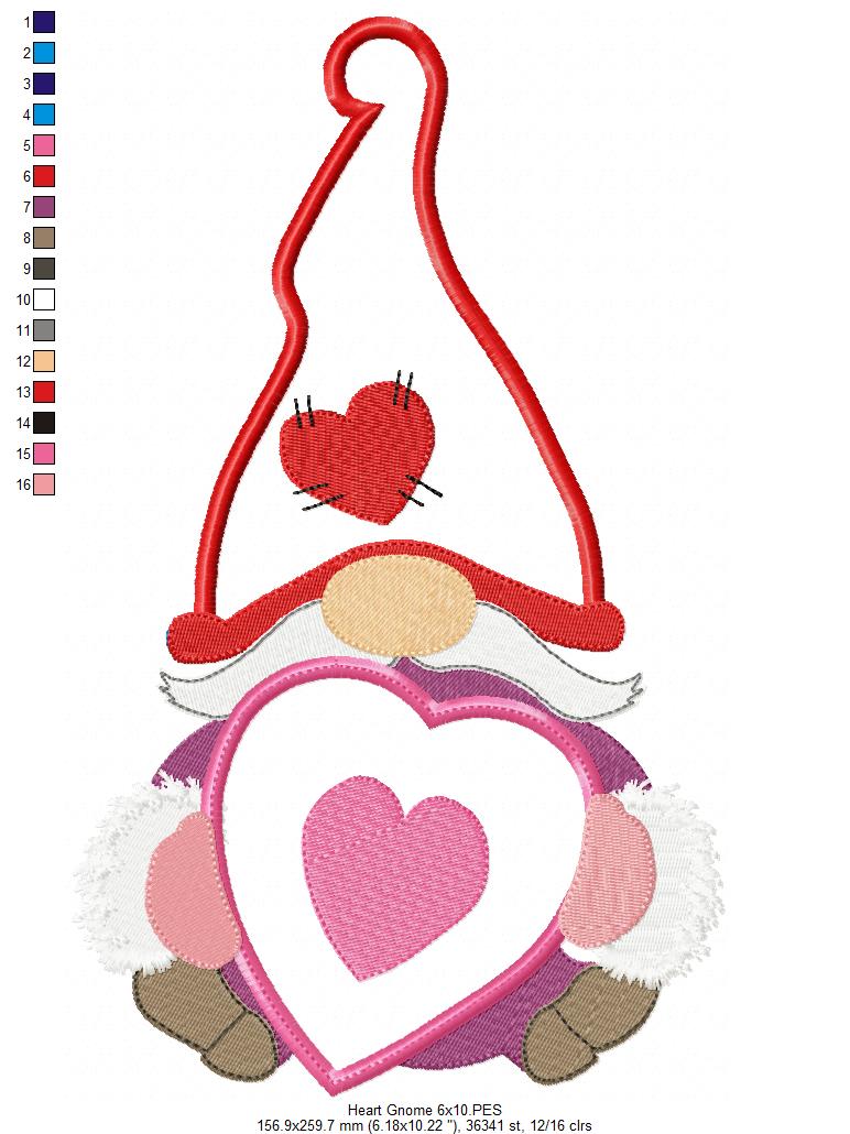 💝 Valentine Gnome with Heart 💌 – Applique - Machine Embroidery Design