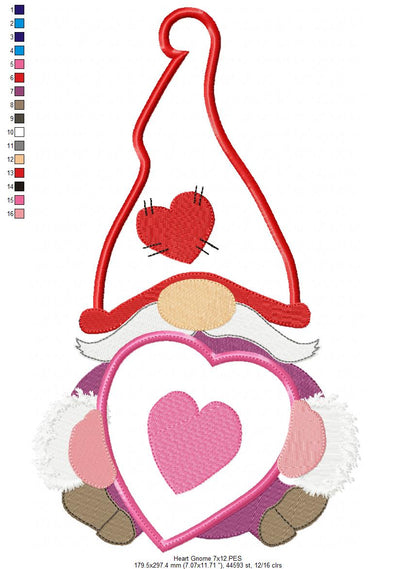 💝 Valentine Gnome with Heart 💌 – Applique - Machine Embroidery Design