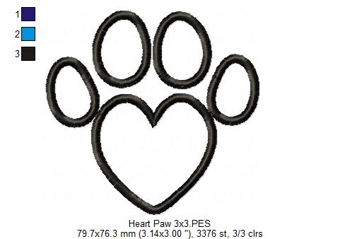 Heart Animal Paw Print - Applique - Machine Embroidery Design