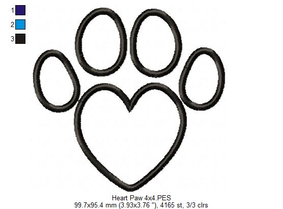 Heart Animal Paw Print - Applique - Machine Embroidery Design