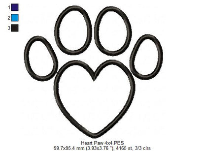 Heart Animal Paw Print - Applique - Machine Embroidery Design