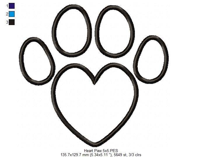 Heart Animal Paw Print - Applique - Machine Embroidery Design