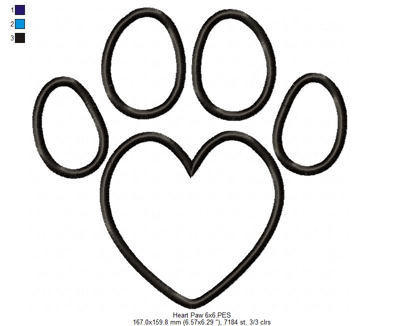 Heart Animal Paw Print - Applique - Machine Embroidery Design