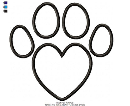 Heart Animal Paw Print - Applique - Machine Embroidery Design