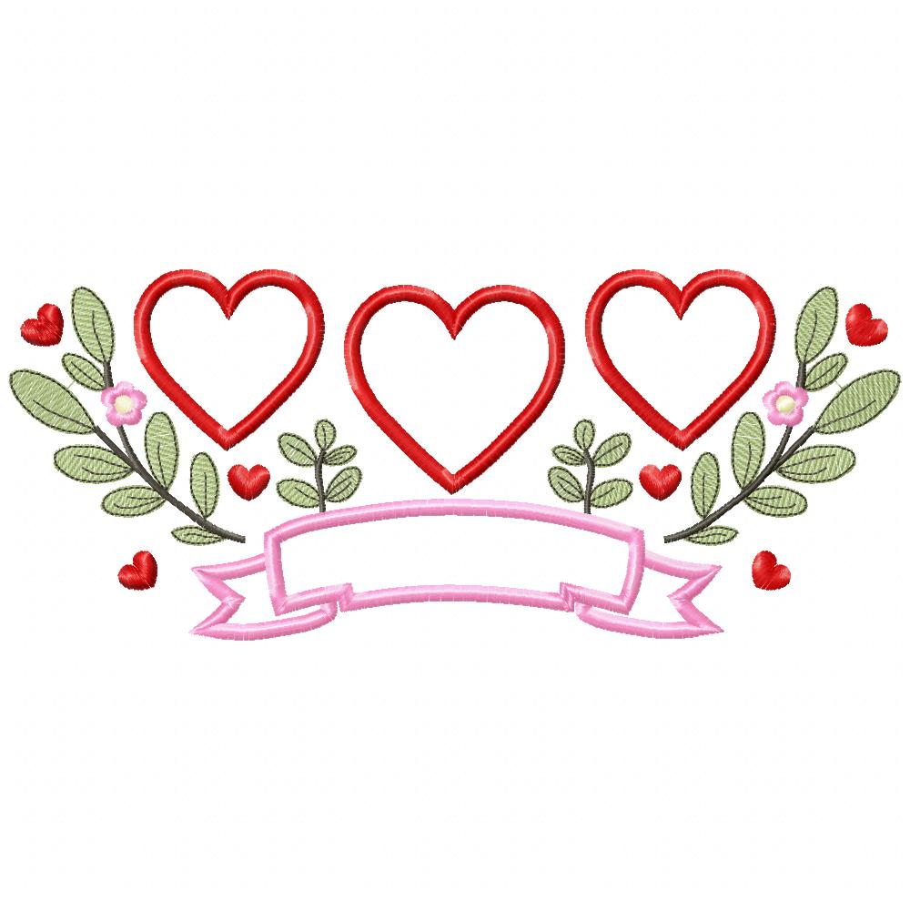 Three Hearts Trio, Flowers and Banner - Applique - Machine Embroidery Design