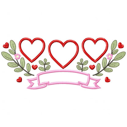 Three Hearts Trio, Flowers and Banner - Applique - Machine Embroidery Design