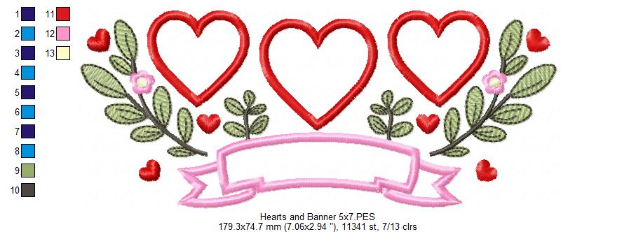 Three Hearts Trio, Flowers and Banner - Applique - Machine Embroidery Design