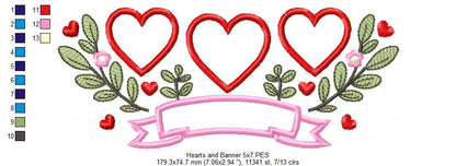 Three Hearts Trio, Flowers and Banner - Applique - Machine Embroidery Design