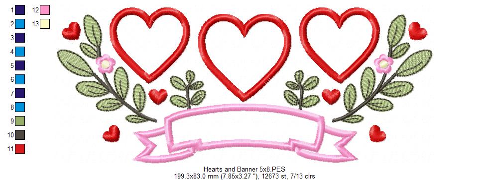 Three Hearts Trio, Flowers and Banner - Applique - Machine Embroidery Design