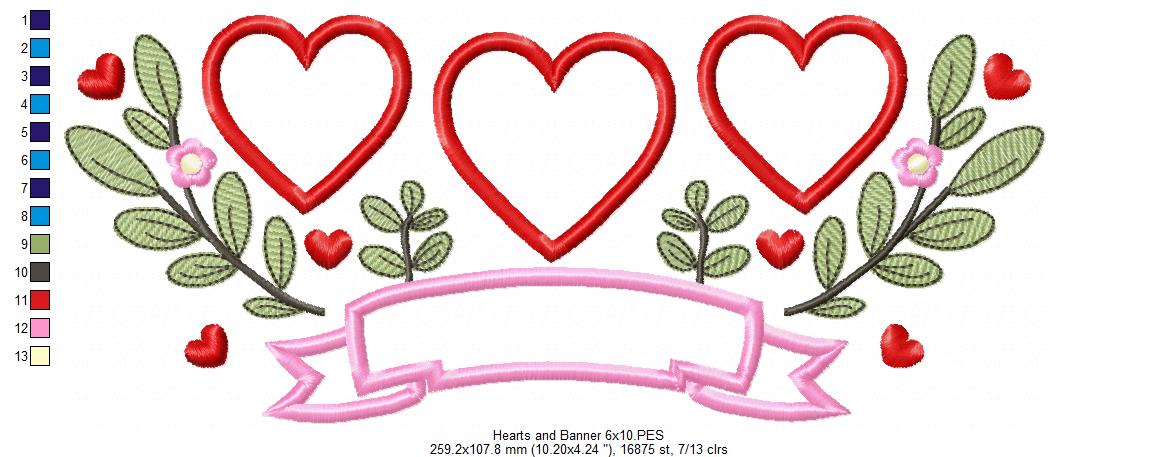 Three Hearts Trio, Flowers and Banner - Applique - Machine Embroidery Design