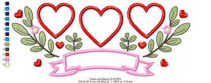 Three Hearts Trio, Flowers and Banner - Applique - Machine Embroidery Design