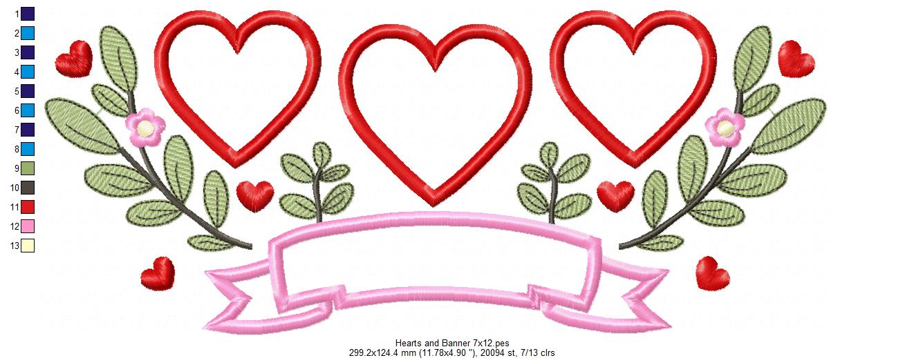 Three Hearts Trio, Flowers and Banner - Applique - Machine Embroidery Design