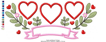 Three Hearts Trio, Flowers and Banner - Applique - Machine Embroidery Design