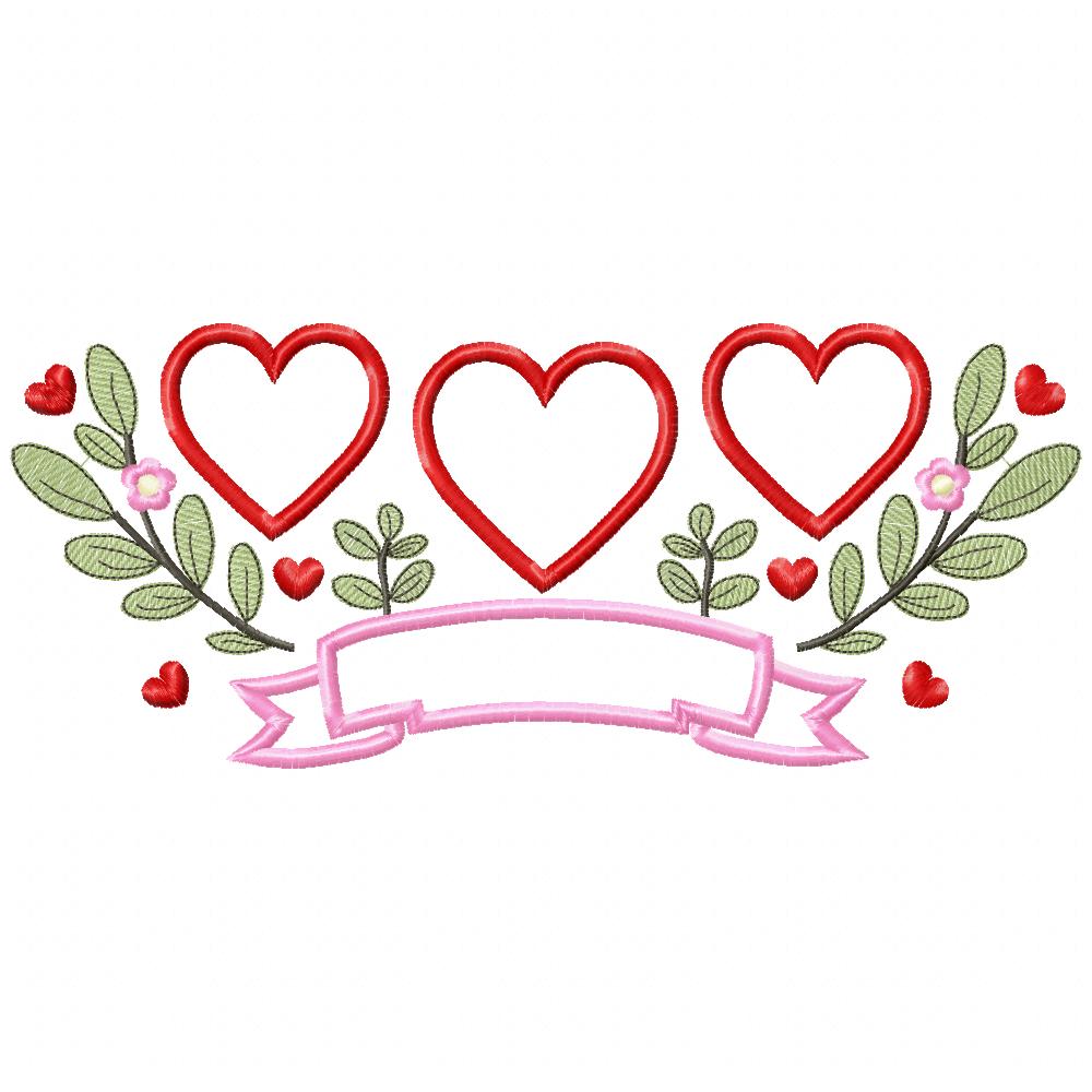 Three Hearts Trio, Flowers and Banner - Applique - Machine Embroidery Design