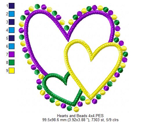 Mardi Gras Hearts and Beads - Applique - Machine Embroidery Design