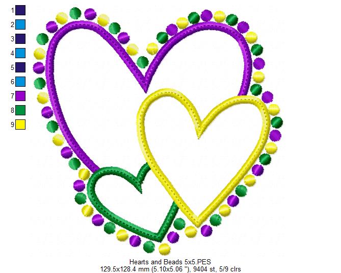 Mardi Gras Hearts and Beads - Applique - Machine Embroidery Design